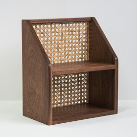 雙層實木籐編置物收納架 胡桃木