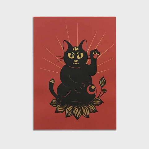 招福貓神 絹印創作 