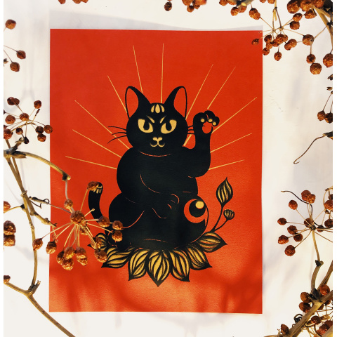 招福貓神 絹印創作 