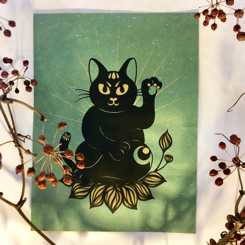 招福貓神 絹印創作（綠色）