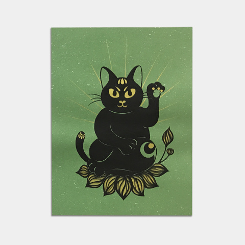 招福貓神 絹印創作（綠色）