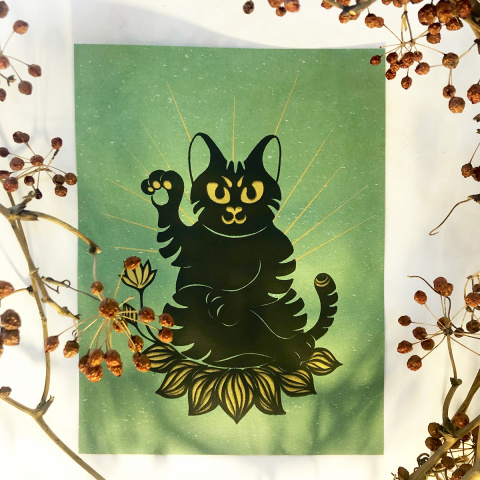 招財貓神 絹印創作（綠色）