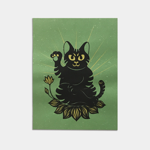 招財貓神 絹印創作（綠色）