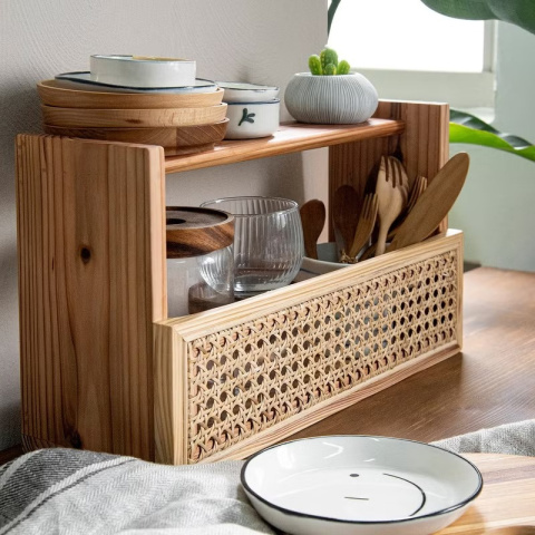 土與木之間 - 實木籐編增量雙層置物架