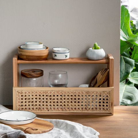 土與木之間 - 實木籐編增量雙層置物架