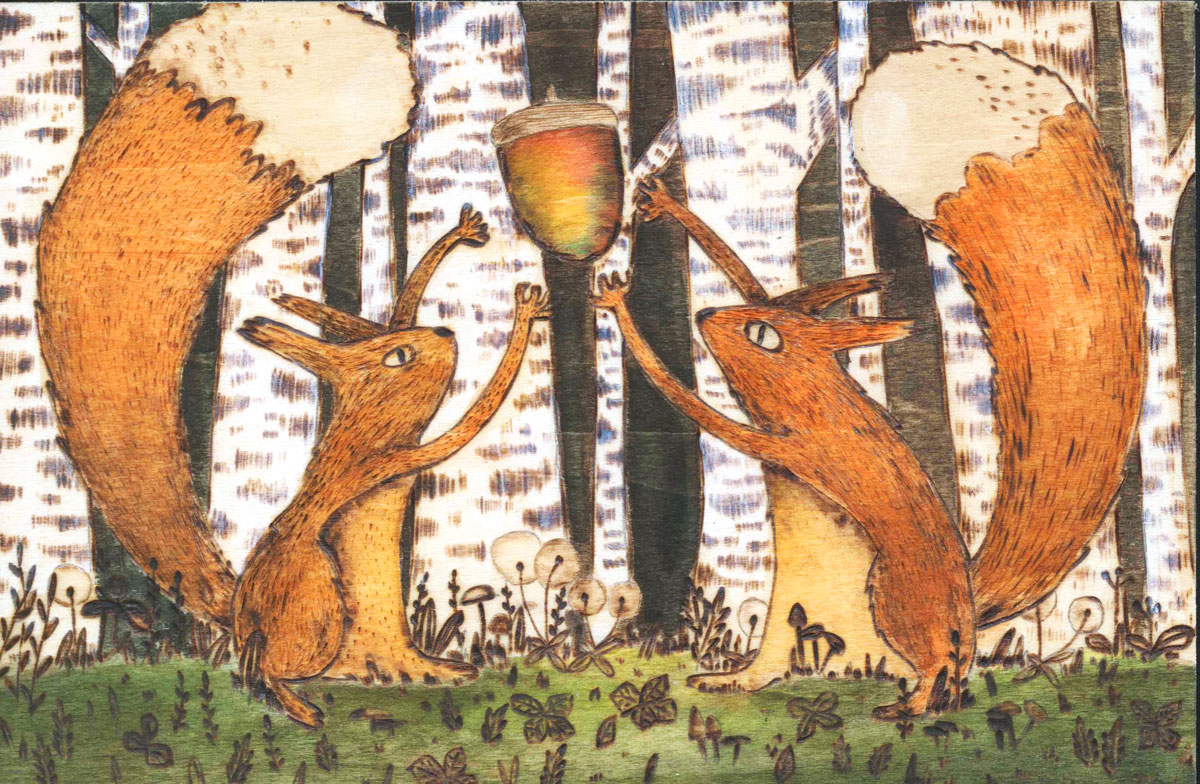 羊號角插畫創作（松鼠與橡果）